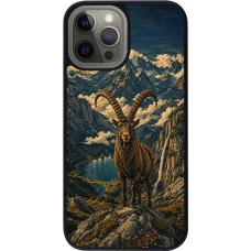iPhone 12 Pro Max Case Hülle - Silikon schwarz Linocut Steinbock