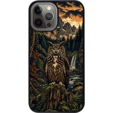 Coque iPhone 12 Pro Max - Silicone rigide noir Linocut Grand-Duc