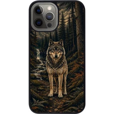Coque iPhone 12 Pro Max - Silicone rigide noir Linocut Loup