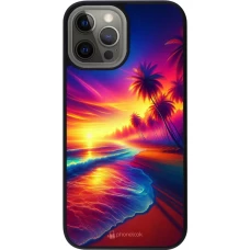 Coque iPhone 12 Pro Max - Silicone rigide noir Plage coucher soleil flashy