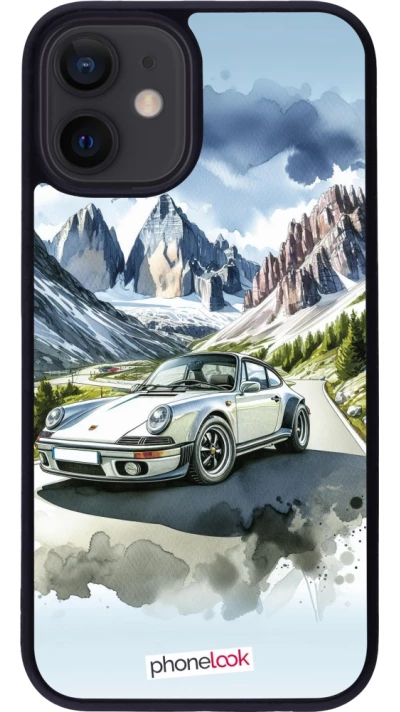 Coque iPhone 12 mini - Silicone rigide noir Porsche 911 Mountain Watercolor