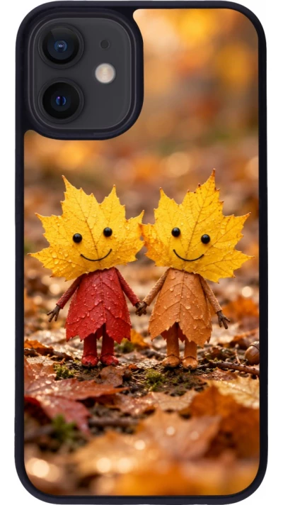 Coque iPhone 12 mini - Silicone rigide noir Autumn 26 Couple of leaves