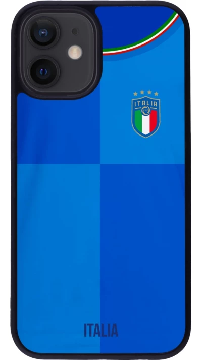 Coque iPhone 12 mini - Silicone rigide noir Maillot de football Italie 2022 personnalisable