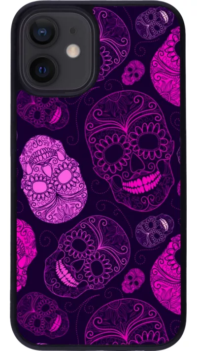 Coque iPhone 12 mini - Silicone rigide noir Halloween 2023 pink skulls
