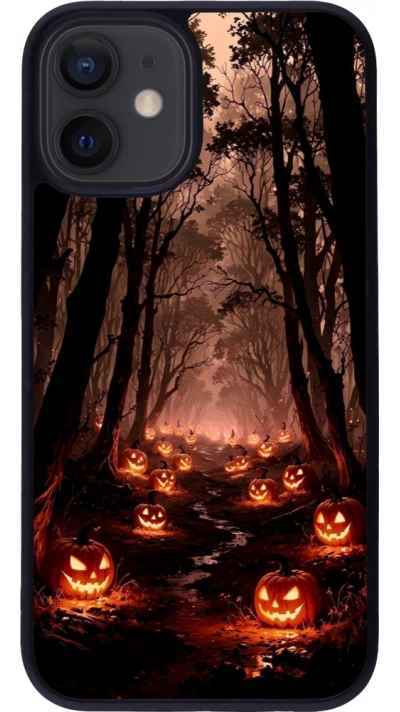 Coque iPhone 12 mini - Silicone rigide noir Halloween 2025 Road of Terrifying Pumpkins