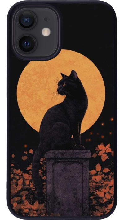Coque iPhone 12 mini - Silicone rigide noir Halloween 2026 Cat Art Nouveau