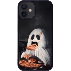 Coque iPhone 12 mini - Silicone rigide noir Halloween 2026 Ghost eating pizza