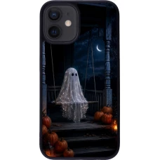 Coque iPhone 12 mini - Silicone rigide noir Halloween 2026 Ghost on a swing
