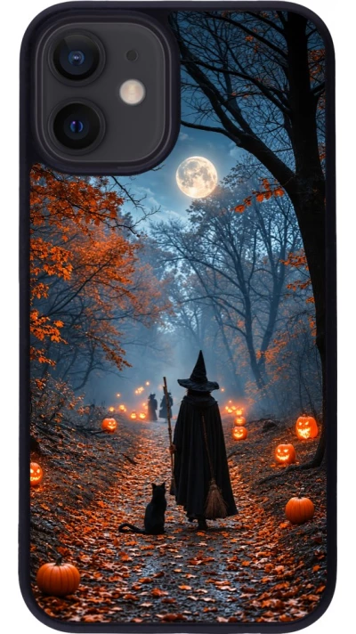 Coque iPhone 12 mini - Silicone rigide noir Halloween 2026 Witch with a cat