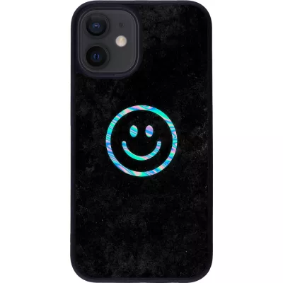 Coque iPhone 12 mini - Silicone rigide noir Happy smiley irisé