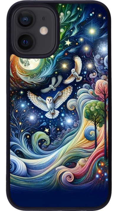 Coque iPhone 12 mini - Silicone rigide noir hibou volant floral