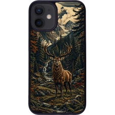 iPhone 12 mini Case Hülle - Silikon schwarz Linocut Reh