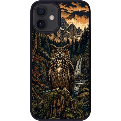 iPhone 12 mini Case Hülle - Silikon schwarz Linocut Uhu