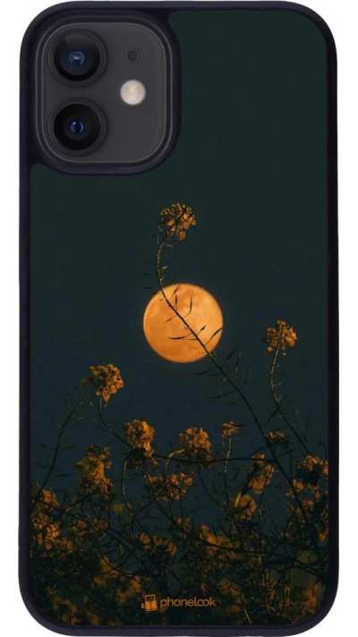 Coque iPhone 12 mini - Silicone rigide noir Moon Flowers