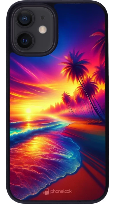 Coque iPhone 12 mini - Silicone rigide noir Plage coucher soleil flashy