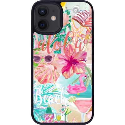 Coque iPhone 12 mini - Silicone rigide noir Preppy Collage Aloha