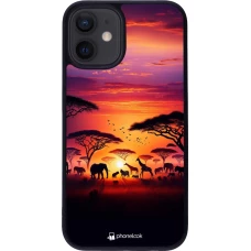 Coque iPhone 12 mini - Silicone rigide noir Safari sunset wildlife