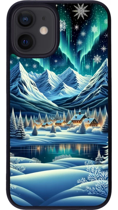 Coque iPhone 12 mini - Silicone rigide noir Snowy Mountain Village Lake night