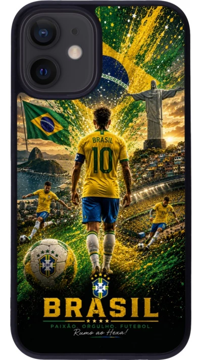 Coque iPhone 12 mini - Silicone rigide noir Football Brésil splash 2026