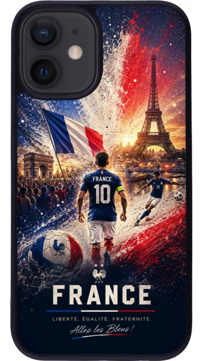 Coque iPhone 12 mini - Silicone rigide noir Football France splash 2026