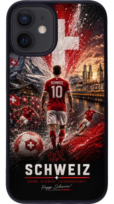 Coque iPhone 12 mini - Silicone rigide noir Football Schweiz splash 2026