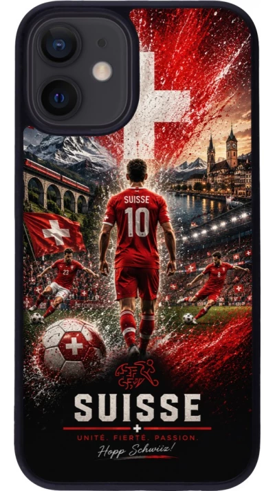 Coque iPhone 12 mini - Silicone rigide noir Football Suisse splash 2026