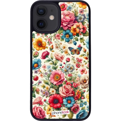 Coque iPhone 12 mini - Silicone rigide noir Spring 25 printemps fleuri