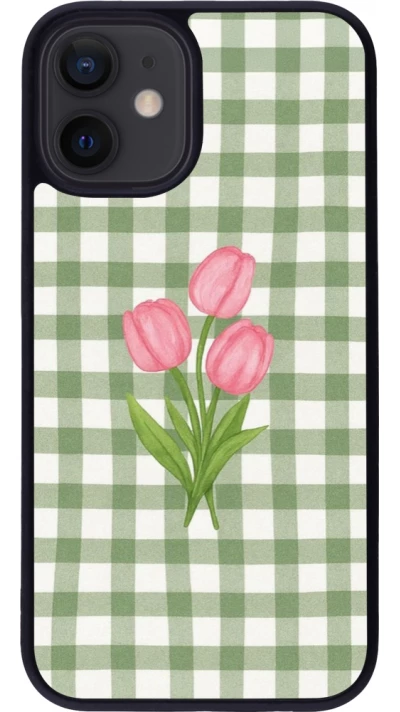 Coque iPhone 12 mini - Silicone rigide noir Green vichy tulips Spring 2026
