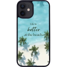 Coque iPhone 12 mini - Silicone rigide noir Summer 2025 Life is better at the beach