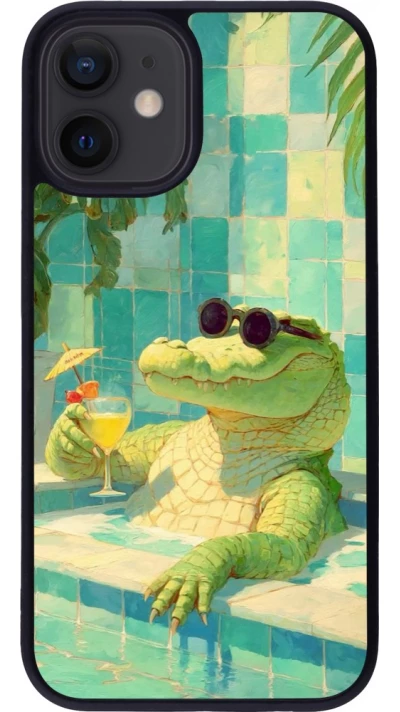 Coque iPhone 12 mini - Silicone rigide noir Crocodile in the swimming pool Summer 2026