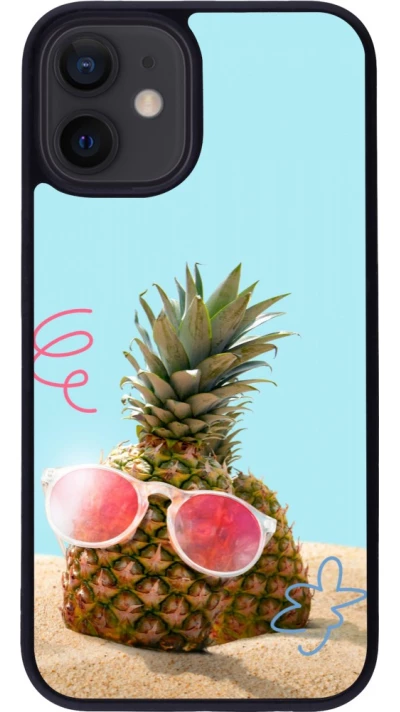 Coque iPhone 12 mini - Silicone rigide noir Pineapple with glasses Summer 2026