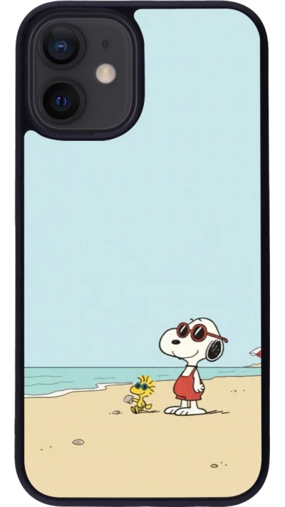 Coque iPhone 12 mini - Silicone rigide noir Snoopy on the beach Summer 2026