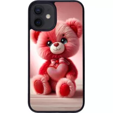 Coque iPhone 12 mini - Silicone rigide noir Valentine 2024 Ourson rose