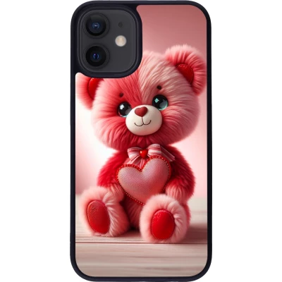 Coque iPhone 12 mini - Silicone rigide noir Valentine 2024 Ourson rose