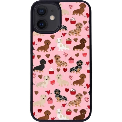 Coque iPhone 12 mini - Silicone rigide noir Valentine 2024 puppy love