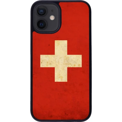 Coque iPhone 12 mini - Silicone rigide noir Vintage Flag SWISS