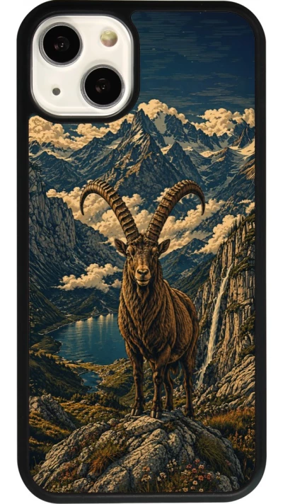 Coque iPhone 13 - Silicone rigide noir Linocut Bouquetin