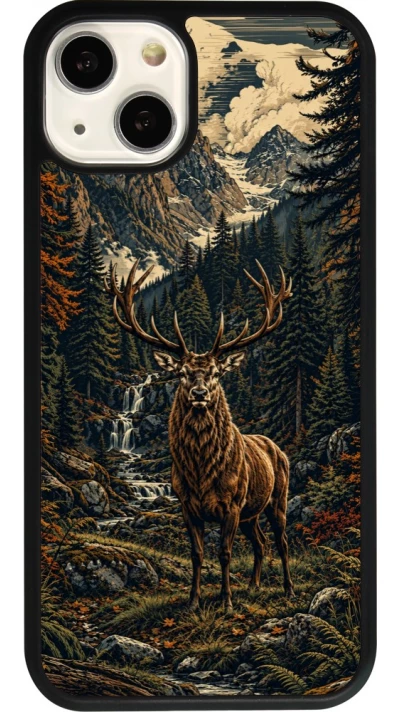 Coque iPhone 13 - Silicone rigide noir Linocut Cerf