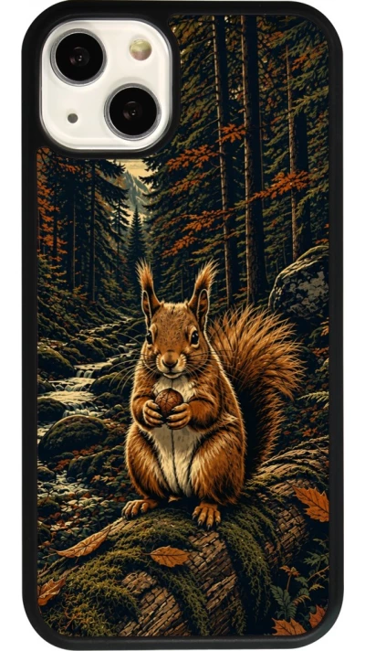 Coque iPhone 13 - Silicone rigide noir Linocut Ecureuil