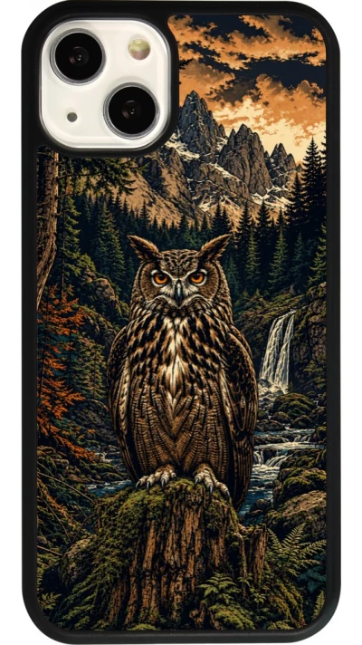 Coque iPhone 13 - Silicone rigide noir Linocut Grand-Duc