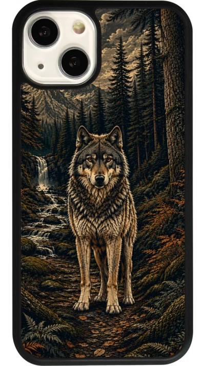 Coque iPhone 13 - Silicone rigide noir Linocut Loup