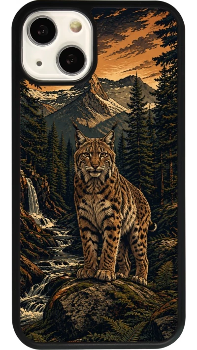 Coque iPhone 13 - Silicone rigide noir Linocut Lynx