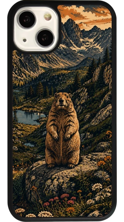 Coque iPhone 13 - Silicone rigide noir Linocut Marmotte