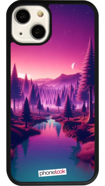 Coque iPhone 13 - Silicone rigide noir Paysage Violet-Rose