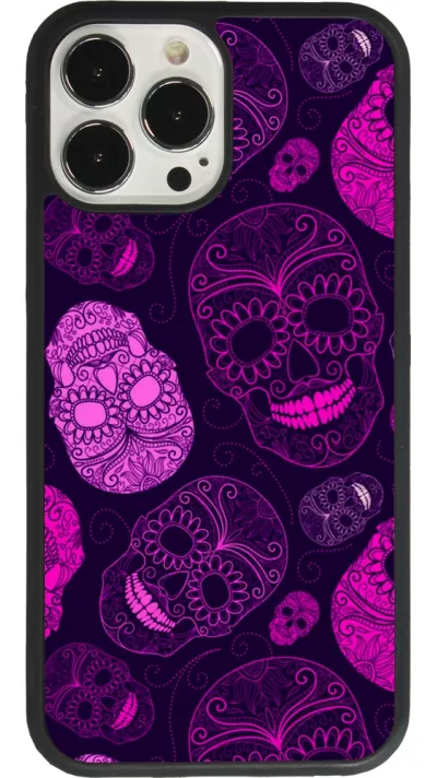 Coque iPhone 13 Pro Max - Silicone rigide noir Halloween 2023 pink skulls