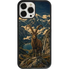 Coque iPhone 13 Pro Max - Silicone rigide noir Linocut Bouquetin