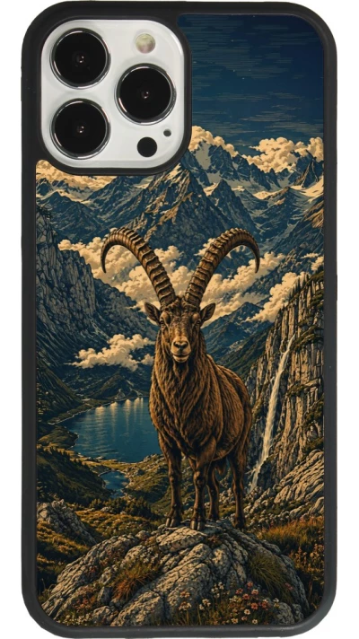 Coque iPhone 13 Pro Max - Silicone rigide noir Linocut Bouquetin