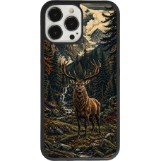 Coque iPhone 13 Pro Max - Silicone rigide noir Linocut Cerf