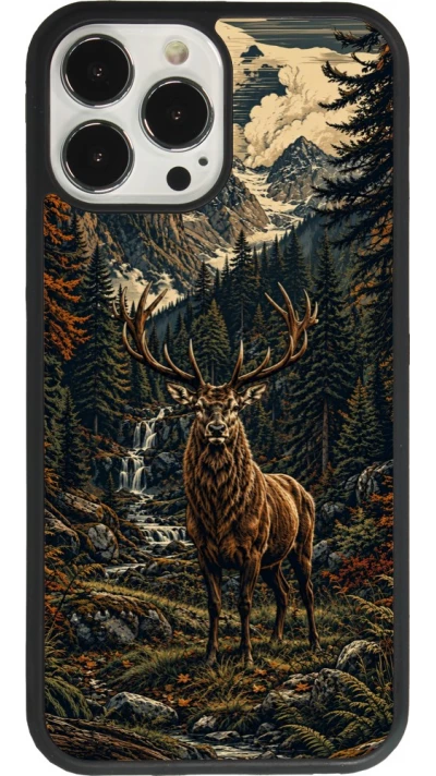 Coque iPhone 13 Pro Max - Silicone rigide noir Linocut Cerf