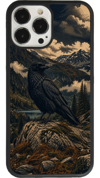 Coque iPhone 13 Pro Max - Silicone rigide noir Linocut Grand Corbeau